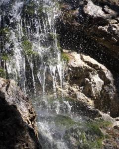 Ein kleiner Wasserfall fließt über moosbewachsene Felsen, die Wassertropfen plätschern und das Sonnenlicht spiegelt sich auf der nassen Steinoberfläche.