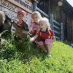 Drei kleine Kinder hocken auf einem grasbewachsenen Hang und füttern eine Ziege neben einem Holzgebäude mit einem deutschen Schild im Hintergrund.