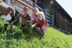 Drei kleine Kinder hocken auf einem grasbewachsenen Hang und füttern eine Ziege neben einem Holzgebäude mit einem deutschen Schild im Hintergrund.