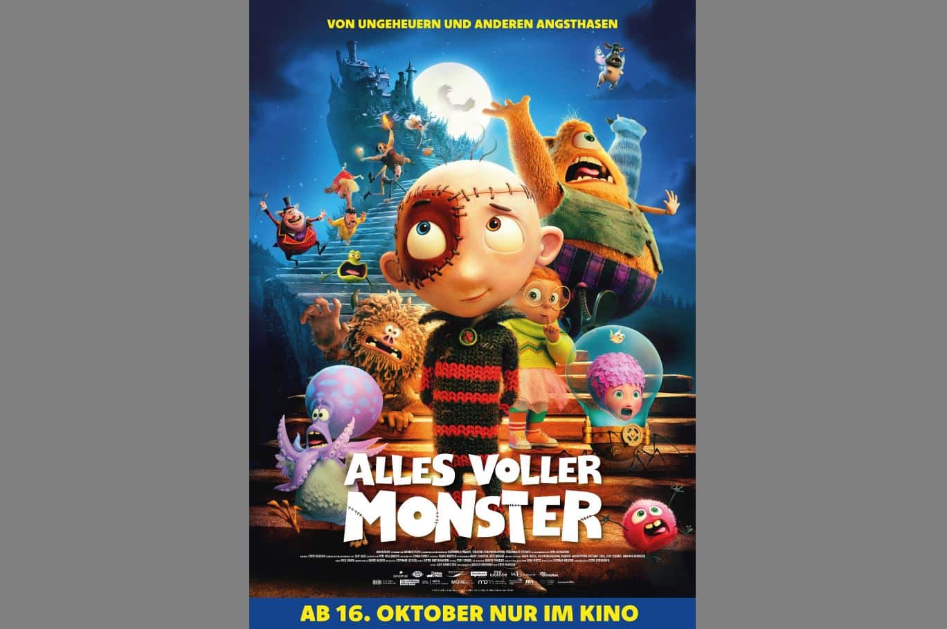 Plakat für den Animationsfilm "Alles Voller Monster" mit verschiedenen bunten Monsterfiguren, die auf einer Treppe stehen, mit einem dunklen Schloss und Vollmond im Hintergrund.
