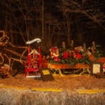 Eine Weihnachtsausstellung zeigt ein beleuchtetes Rentier und einen Schlitten mit eingepackten Geschenken, Grünzeug und Schleifen, die auf Heuballen mit Bäumen im Hintergrund stehen.