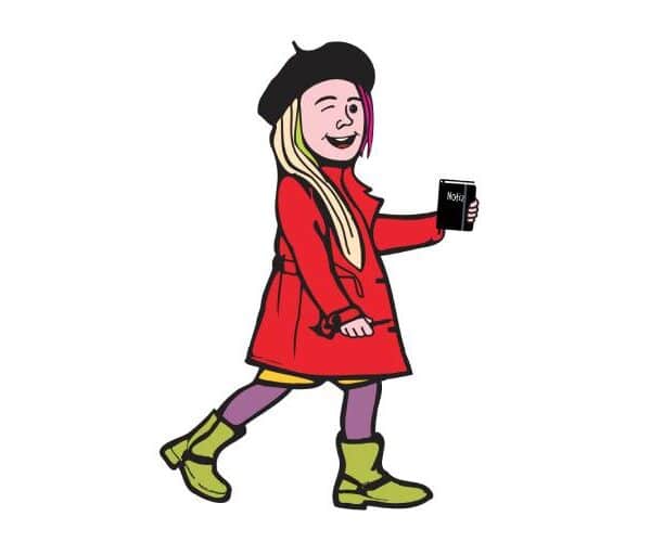 Cartoon eines lächelnden Mädchens in rotem Mantel und schwarzer Baskenmütze, das einen Kaffeebecher zum Mitnehmen in der Hand hält.