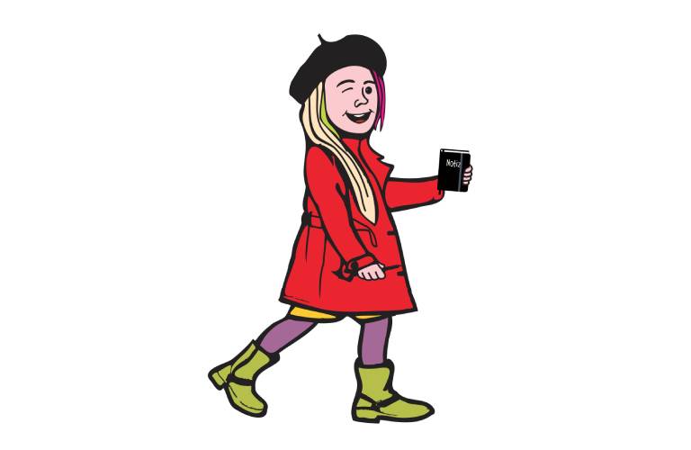 Cartoon eines lächelnden Mädchens in rotem Mantel und schwarzer Baskenmütze, das einen Kaffeebecher zum Mitnehmen in der Hand hält.