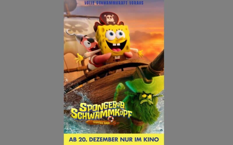 Das Filmplakat zeigt SpongeBob als Pirat gekleidet auf einem Schiff mit Patrick, mit dem Text "SpongeBob Schwammkopf: Ein Piraten-Tat" und einem Erscheinungsdatum am 20. Dezember.