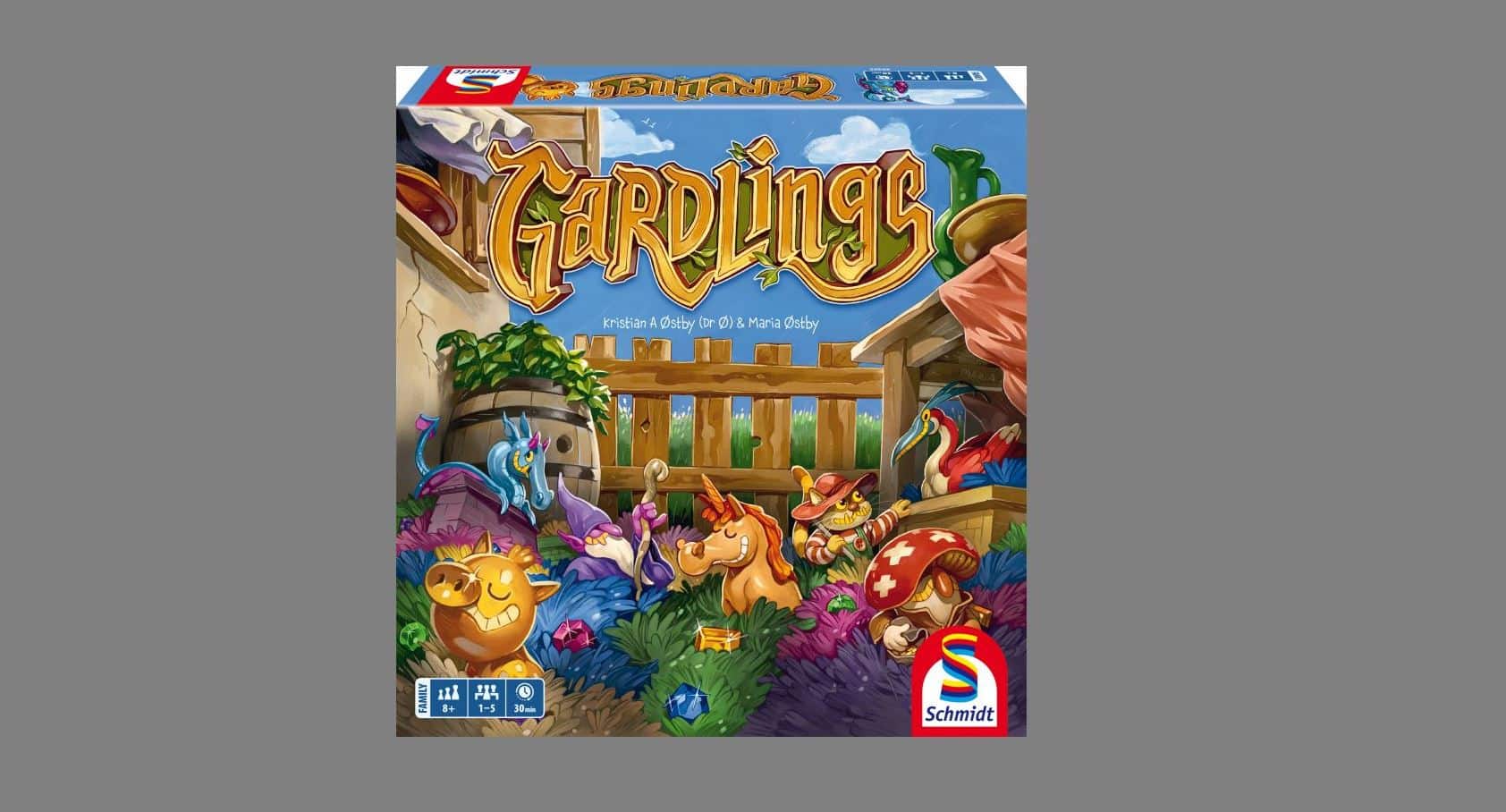 Schachtelcover des Brettspiels "GARDLINGS" mit skurrilen Gartenwesen, bunten Pflanzen und dem Logo von Schmidt Spiele in der rechten unteren Ecke.