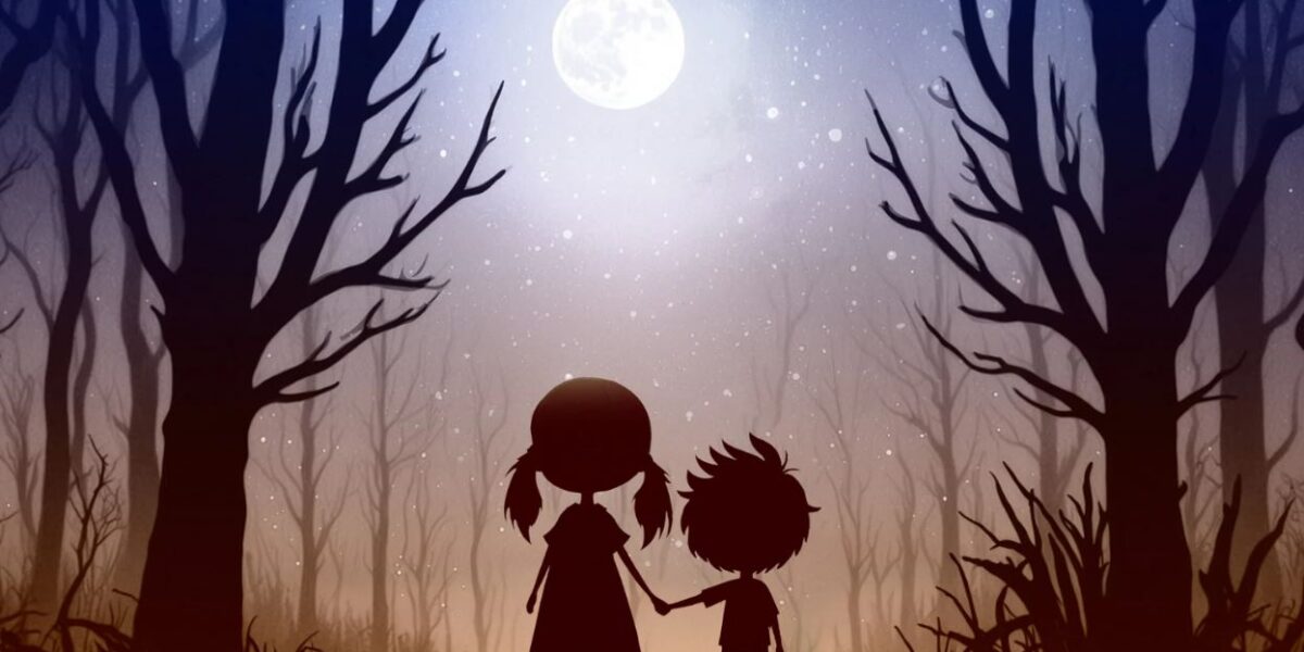 Zwei Kinder stehen händchenhaltend in einem nächtlichen Wald und blicken zum hellen Vollmond inmitten kahler Bäume und eines Sternenhimmels auf.