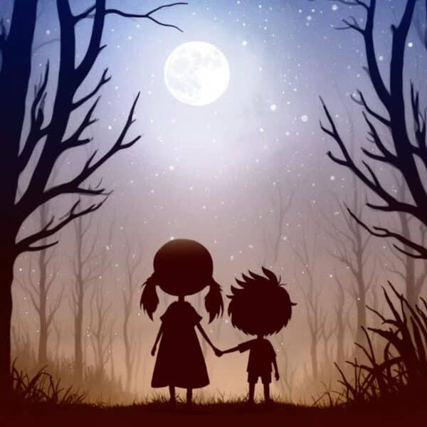 Zwei Kinder stehen händchenhaltend in einem nächtlichen Wald und blicken zum hellen Vollmond inmitten kahler Bäume und eines Sternenhimmels auf.