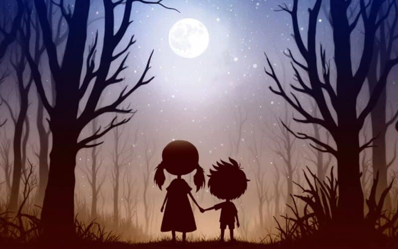 Zwei Kinder stehen händchenhaltend in einem nächtlichen Wald und blicken zum hellen Vollmond inmitten kahler Bäume und eines Sternenhimmels auf.