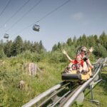 Zwei Personen fahren an einem sonnigen Tag mit einem Alpine Coaster durch ein grasbewachsenes, bewaldetes Gebiet, in dem im Hintergrund Skigondeln zu sehen sind.