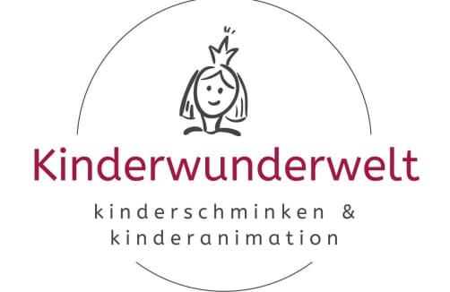 Logo mit einer einfachen Zeichnung eines Mädchens, das eine Krone trägt, und dem Text "Kinderwunderwelt kinderschminken & kinderanimation" innerhalb eines kreisförmigen Umrisses.