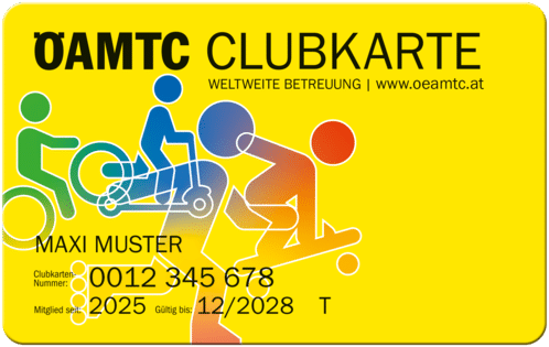 Eine gelbe ÖAMTC-Clubkarte mit stilisierten Figuren auf Fahrrädern und Rollern, auf der Vorderseite sind die Mitgliedsdaten und das Gültigkeitsdatum aufgedruckt.