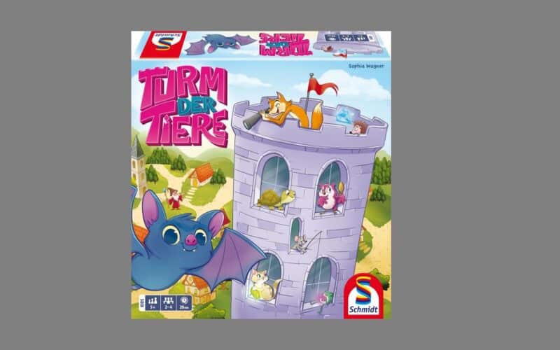 Die farbenfrohe Spielschachtel mit dem Titel "Turm der Tiere" zeigt Cartoon-Tiere, die auf einem Turm herumklettern und -fliegen, darunter eine Fledermaus, ein Vogel, ein Igel und eine Katze, mit einer verspielten Szenerie im Hintergrund.