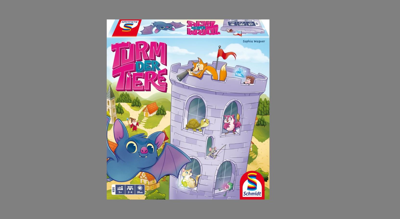 Die farbenfrohe Spielschachtel mit dem Titel "Turm der Tiere" zeigt Cartoon-Tiere, die auf einem Turm herumklettern und -fliegen, darunter eine Fledermaus, ein Vogel, ein Igel und eine Katze, mit einer verspielten Szenerie im Hintergrund.