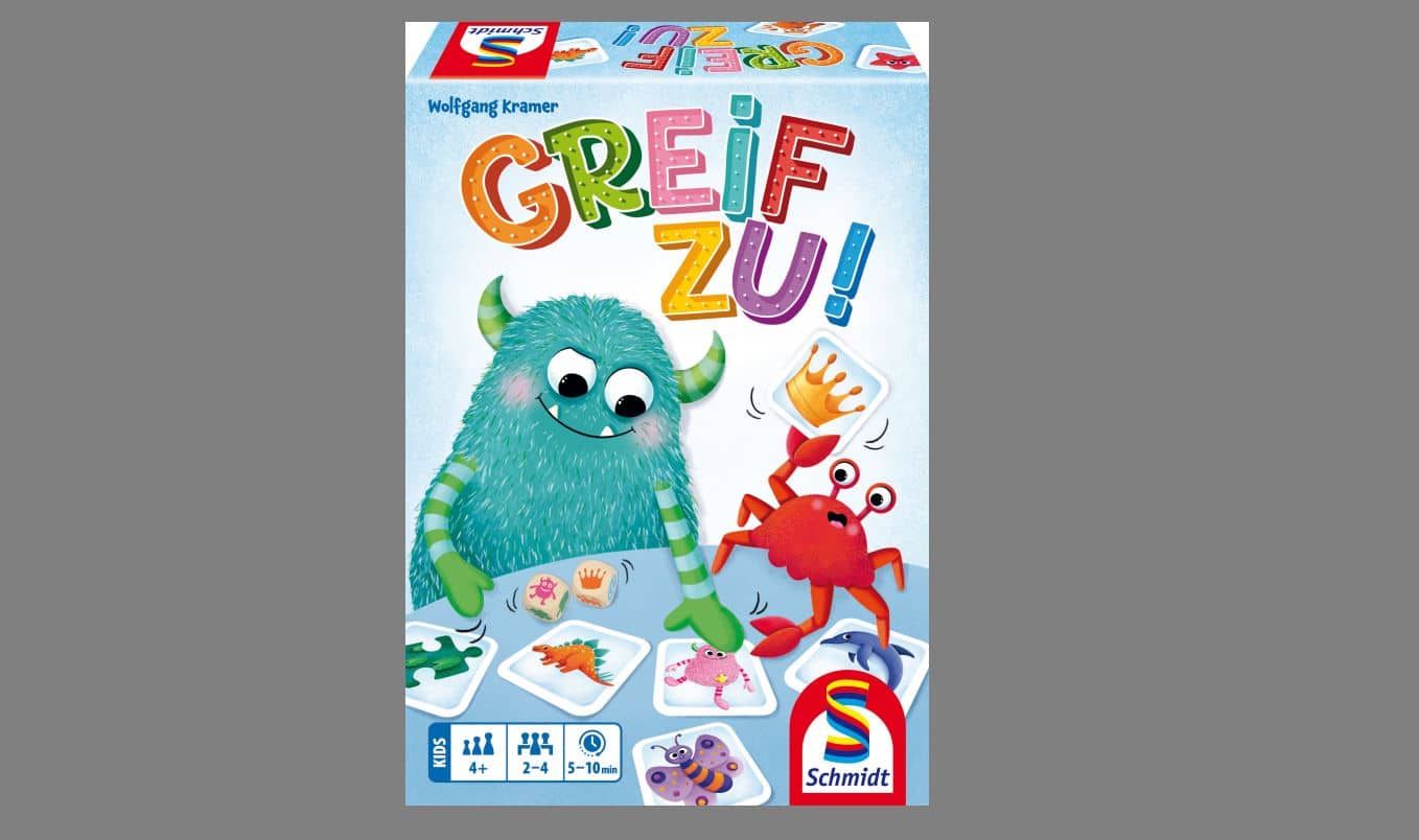 Die farbenfrohe Brettspielschachtel mit dem Titel "Greif Zu!" zeigt ein blaues Monster, eine rote Krabbe und illustrierte Spielkarten. Das Spiel ist für 2-5 Spieler, ab 5 Jahren, von Schmidt Spiele.