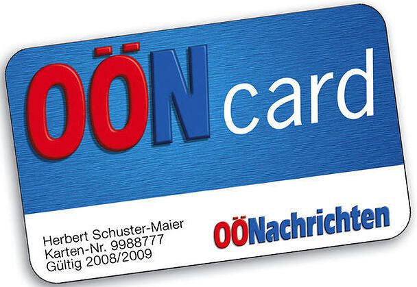 Eine blaue OÖN-Karte mit dem Namen Herbert Schuster-Maier, der Kartennummer 9988777, gültig für 2008/2009, und dem Logo der OÖNachrichten.