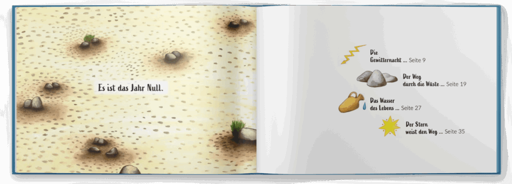Ein illustriertes Kinderbuch zeigt auf der linken Seite eine Sandlandschaft mit Felsen und spärlichem Gras und auf der rechten Seite ein Inhaltsverzeichnis mit einfachen Fels- und Sternzeichnungen. Der Text ist auf Deutsch.