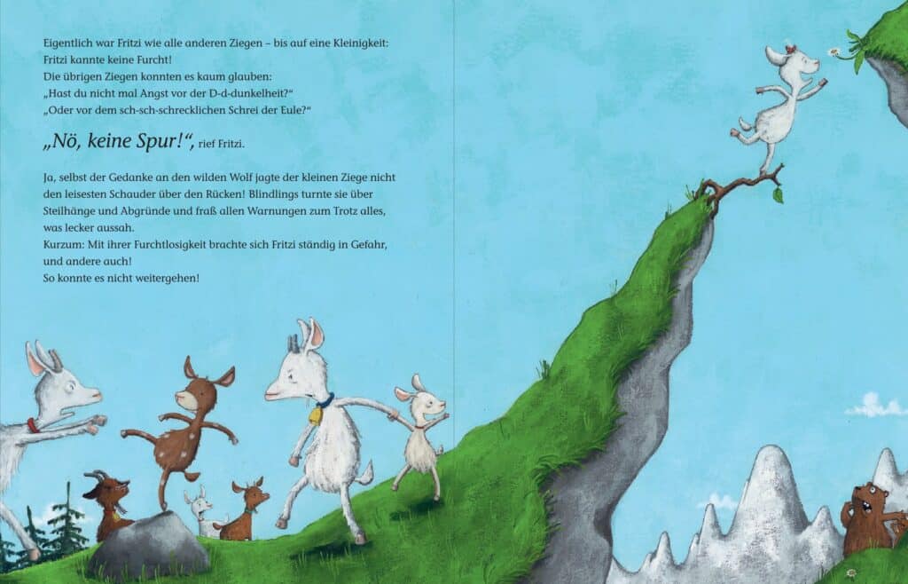 Vier Ziegen stehen nervös auf einer Bergkuppe, während eine Ziege furchtlos von einer Klippe springt, während unten Hasen, ein Fuchs und eine Maus vor dem blauen Himmel zusehen.