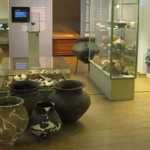 In Vitrinen und Regalen einer Museumsausstellung sind antike Töpferwaren, große Gefäße und Artefakte ausgestellt; im Hintergrund sind Knochen und Informationstafeln zu sehen.