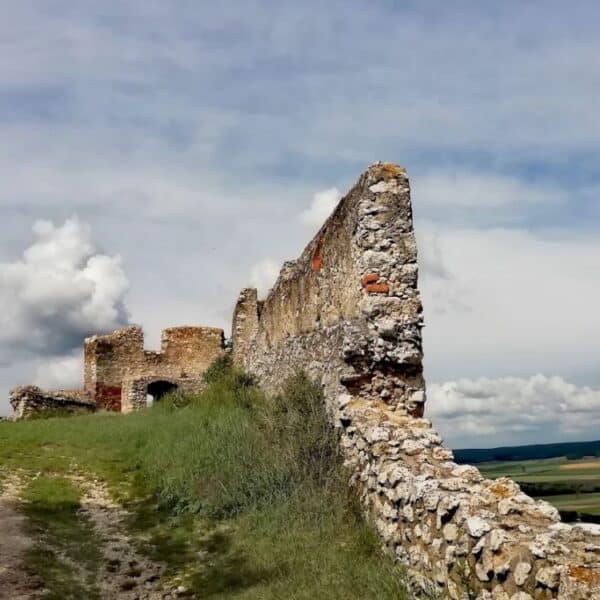 Eine Steinmauer mit einem Steinbogen und Gras auf einem Hügel.