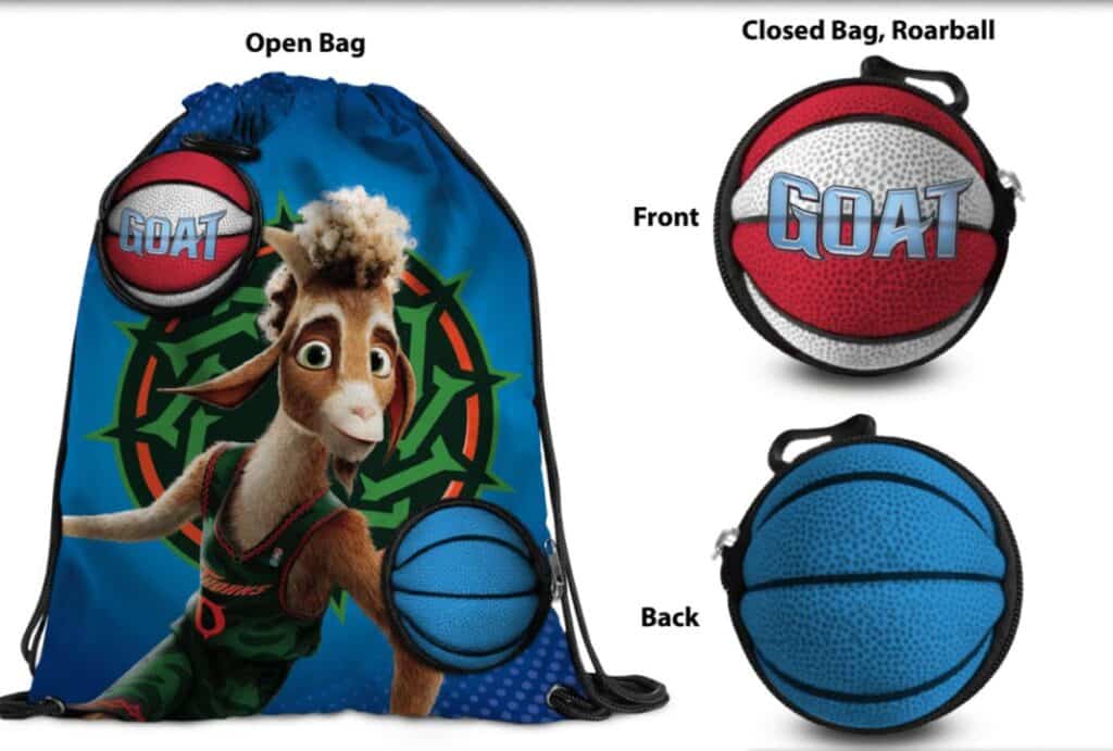 Kordelzugtasche mit einem animierten Ziegenbasketballspieler und einem basketballförmigen Beutel mit der Aufschrift "GOAT", der sowohl offen als auch geschlossen gezeigt wird.