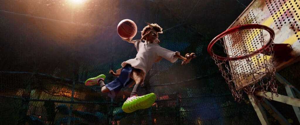 Eine animierte Werwolf-Figur in einem weißen Hemd und neongrünen Turnschuhen springt, um einen Basketball in einen Korb auf einem Hallenplatz zu werfen.