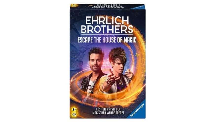 Schachtelcover des Spiels "Ehrlich Brothers: Flucht aus dem Haus der Magie", mit zwei Männern in dramatischen Posen und wirbelnden magischen Effekten, geeignet ab 8 Jahren.
