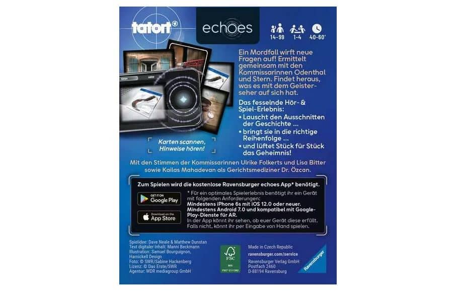 Rückseite des Spiels "echoes" mit Spielkomponenten, deutscher Anleitung, App-Anforderungen und empfohlenen Alters- und Spielerinformationen.