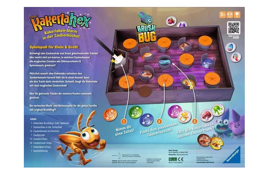 Spielplan für "Kakerlakak: Rush Bug" mit einem Labyrinth mit orangefarbenen Spielsteinen, einer Käferfigur und einer deutschen Anleitung. Die Illustration einer Cartoon-Kakerlake befindet sich in der unteren linken Ecke.