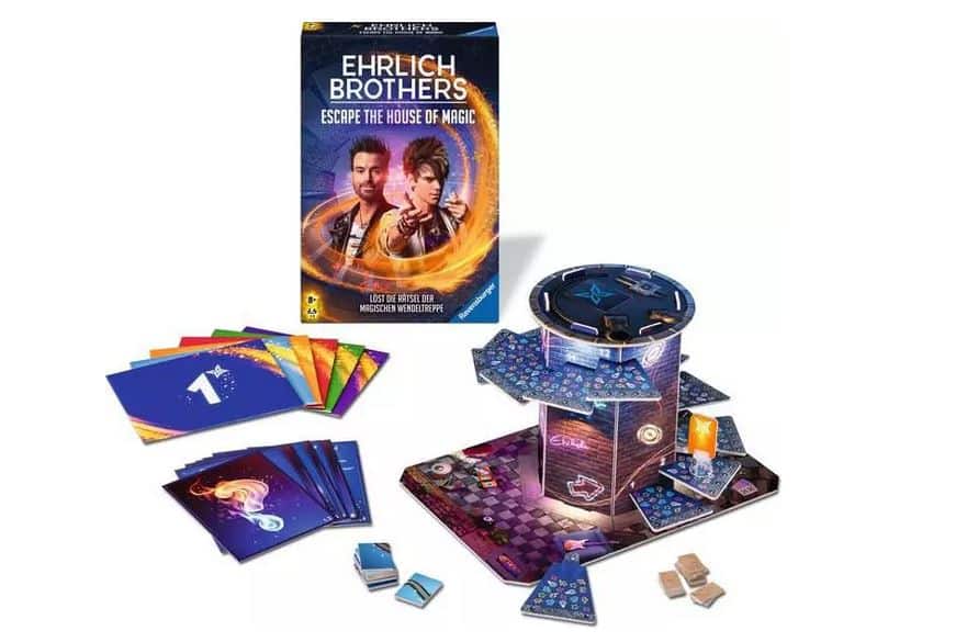 Ehrlich Brothers Escape the House of Magic Brettspiel mit Schachtel, Karten, Spielsteinen und einem 3D-Turm-Spielstein.