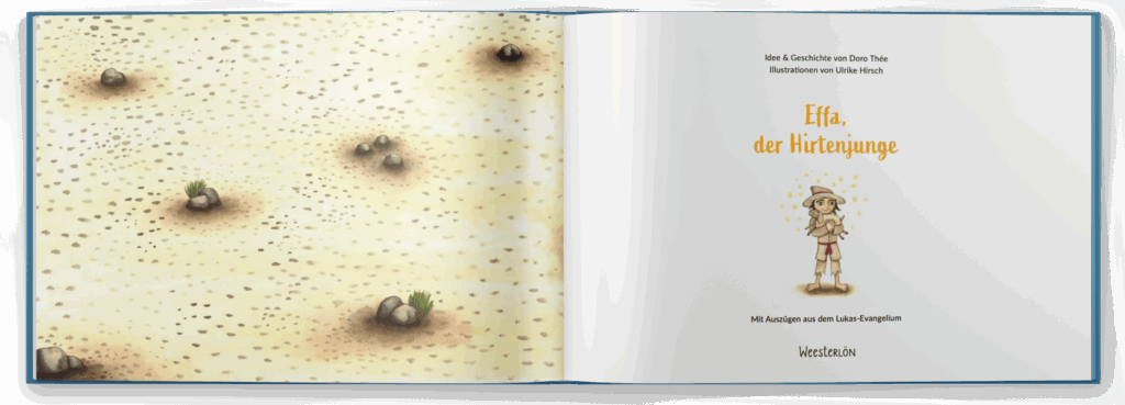 Ein illustriertes Kinderbuch, das auf der Titelseite "Elfa, der Hirtenjunge" zeigt, mit der Illustration eines Jungen in Hirtenkleidung und einer Wüstenlandschaft auf der gegenüberliegenden Seite.