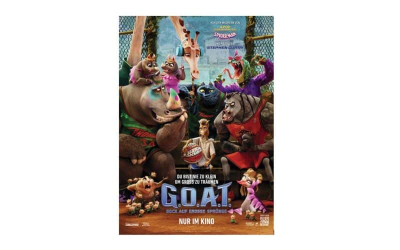 Animiertes Filmplakat mit anthropomorphen Tieren, die auf einem Platz im Freien Basketball spielen, mit einer Mischung aus entschlossenem und fröhlichem Gesichtsausdruck. Der Titeltext lautet "G.O.A.T." in großen Buchstaben.
