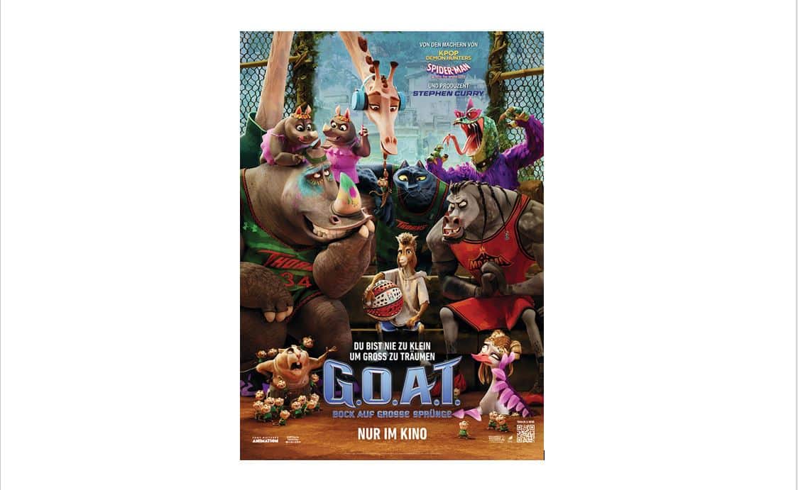 Animiertes Filmplakat mit anthropomorphen Tieren, die auf einem Platz im Freien Basketball spielen, mit einer Mischung aus entschlossenem und fröhlichem Gesichtsausdruck. Der Titeltext lautet "G.O.A.T." in großen Buchstaben.
