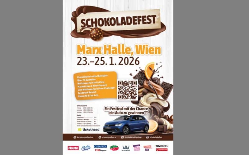 Plakat für das "Schokoladefest" in der Marx Halle, Wien, vom 23. bis 25. Januar 2026, mit Schokoladengrafik, Veranstaltungsdetails, einem QR-Code und einer Autowerbung am unteren Rand.