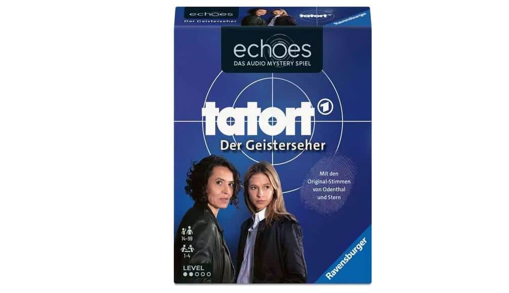 Eine blaue Schachtel für das Spiel "echoes: Tatort Der Geisterseher" zeigt zwei stehende Personen mit dem Ravensburger-Logo und deutschem Text.