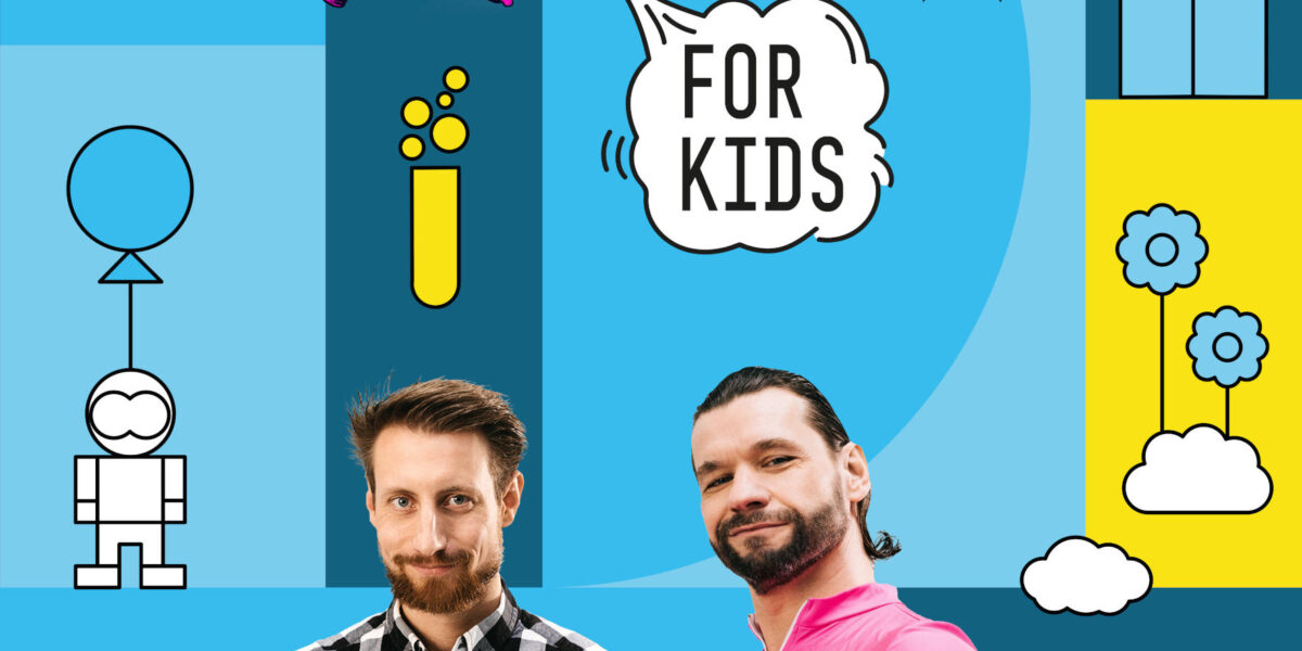 Zwei Männer stehen vor einem farbenfrohen wissenschaftlichen Hintergrund mit dem Text "Science Busters for Kids" und verschiedenen wissenschaftlichen Symbolen.