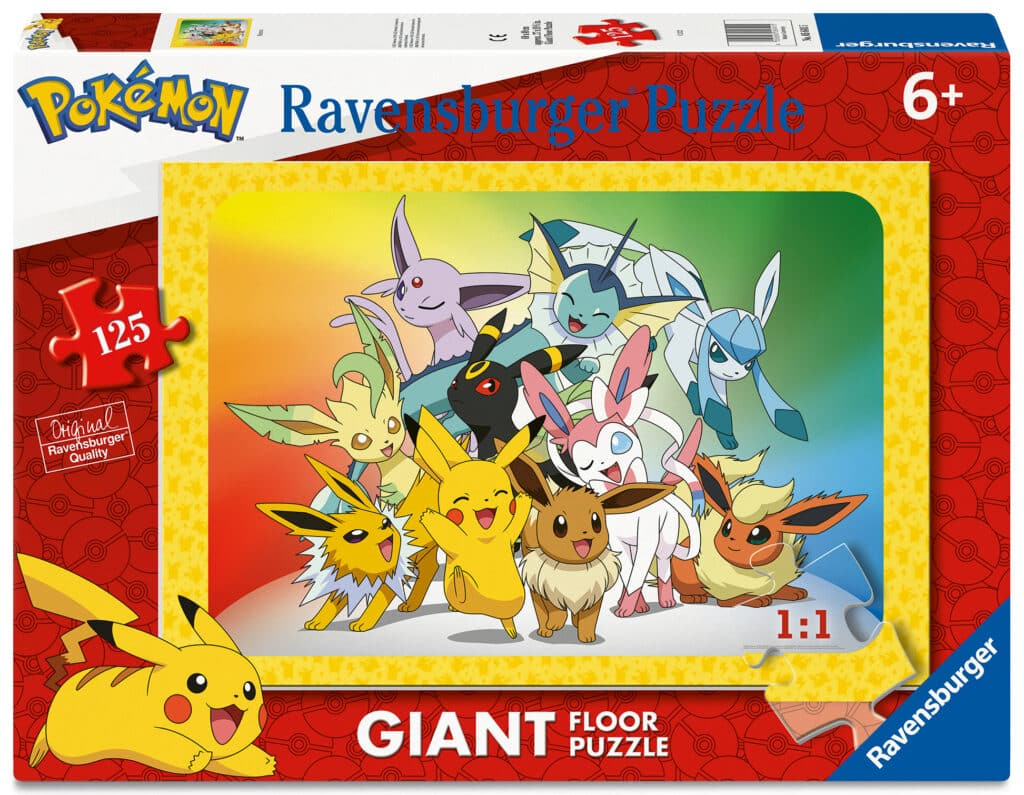Ein 125-teiliges Ravensburger Pokémon-Puzzle für Kinder ab 6 Jahren mit Pikachu, Eevee und allen Eevee-Entwicklungen auf dem Schachteldeckel.