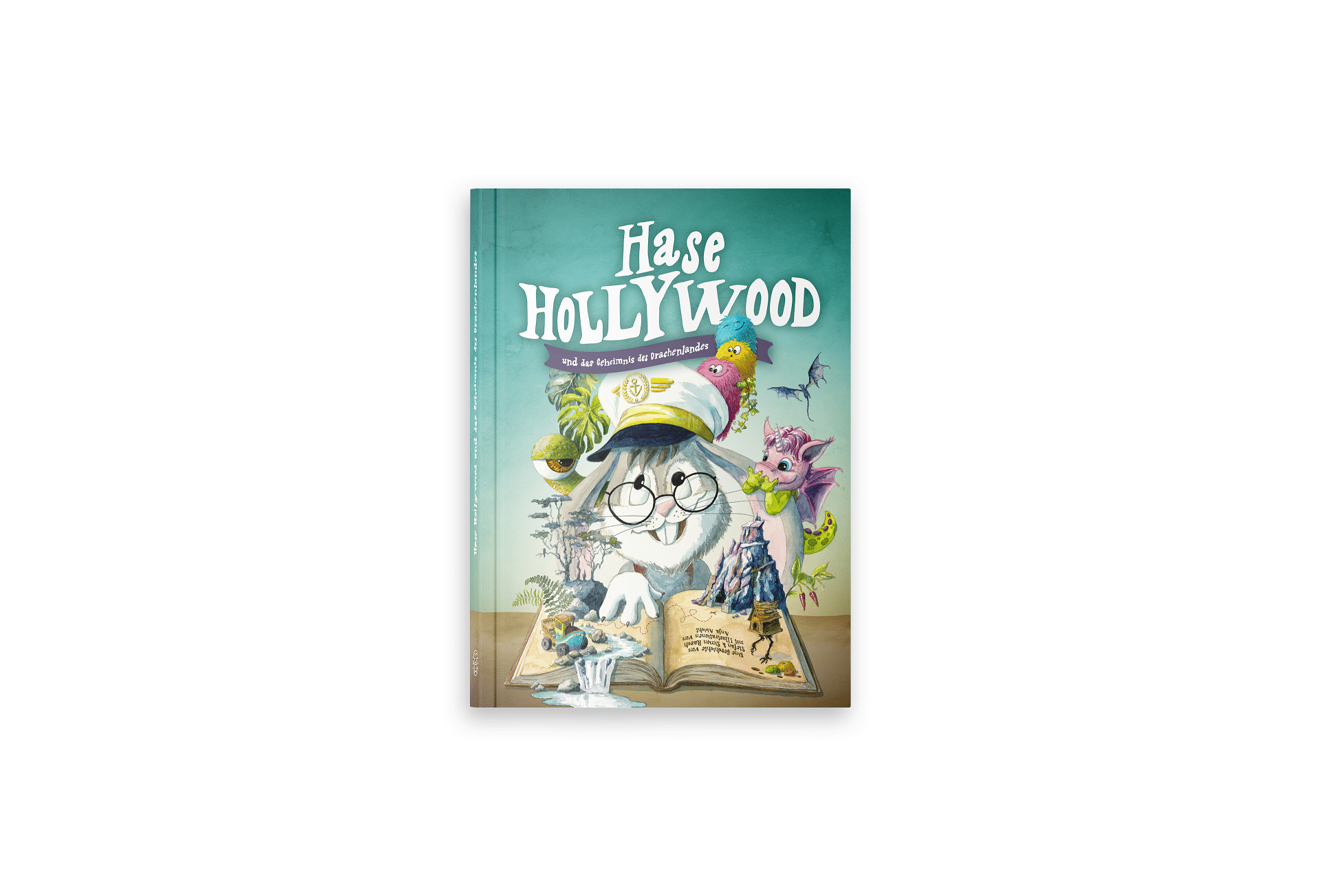 Das Buchcover zeigt ein Cartoon-Kaninchen mit Brille und Mütze, umgeben von bunten Tieren und einem aufgeschlagenen Buch, mit dem Titel "Hase Hollywood" am oberen Rand.