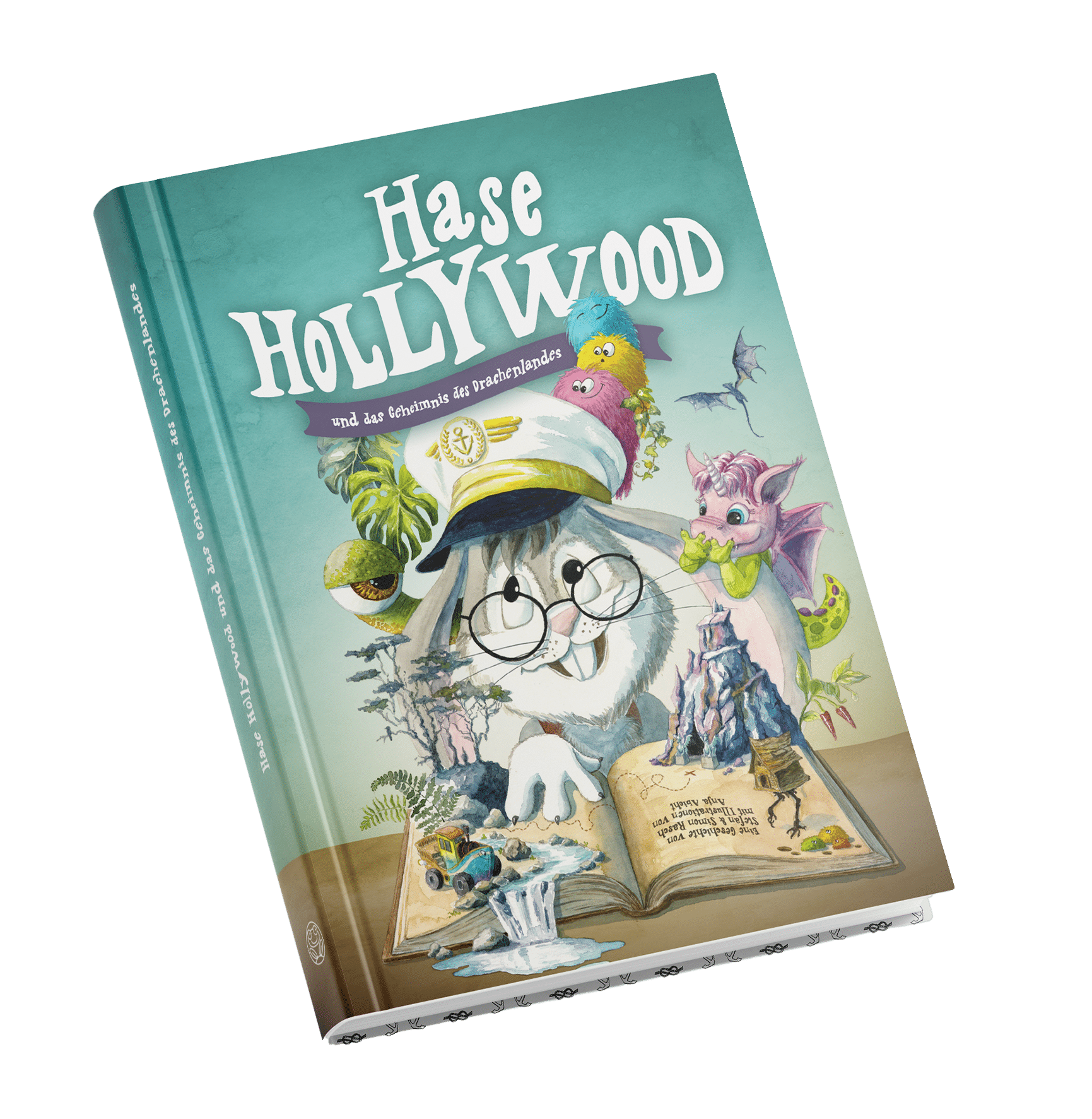 Ein farbenfrohes Kinderbuch mit dem Titel "Hase Hollywood" zeigt ein illustriertes Kaninchen mit Brille und Piratenhut, einen Papagei und einen rosa Drachen, die neben einem aufgeschlagenen Bilderbuch sitzen.