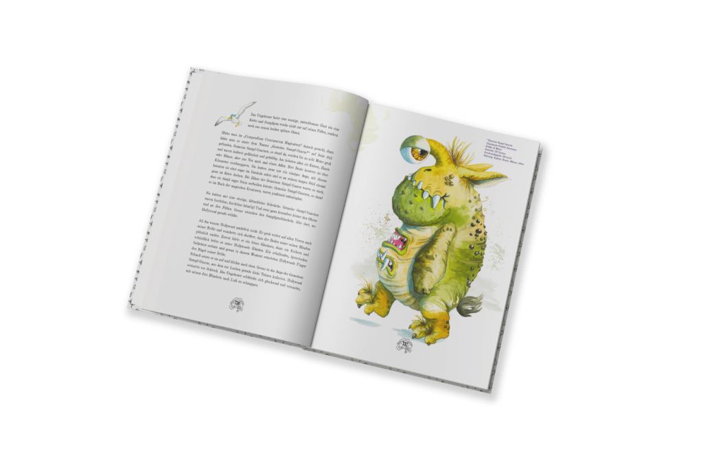 Aufgeschlagenes illustriertes Kinderbuch mit Text auf der linken Seite und einem bunten grünen Monster mit Punkten und einem kleinen Vogel auf dem Kopf auf der rechten Seite.