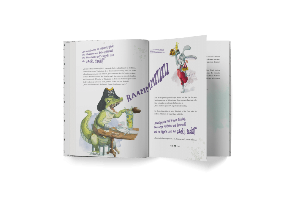 Ein aufgeschlagenes illustriertes Kinderbuch, das auf der linken Seite einen Piraten-Alligator am Schreibtisch und auf der rechten Seite ein marschierendes Kaninchen mit Hut zeigt, mit Text und bunten Grafiken.