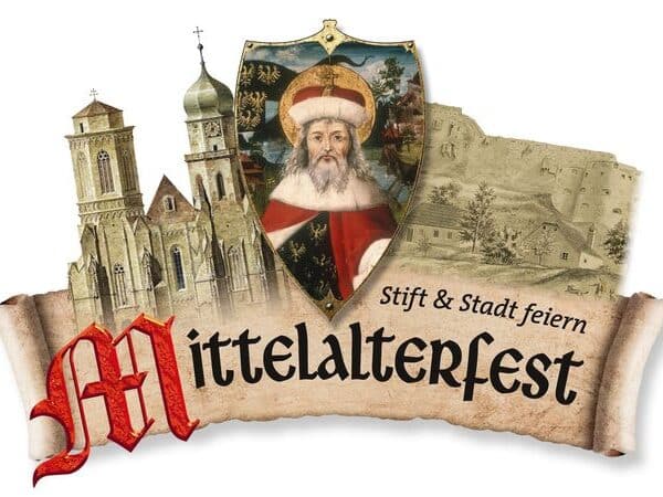 Logo für das "Mittelalterfest" mit mittelalterlichen Gebäuden, einem illustrierten Porträt eines bärtigen Mannes in historischer Kleidung und dem Text "Stift & Stadt feiern Mittelalterfest".