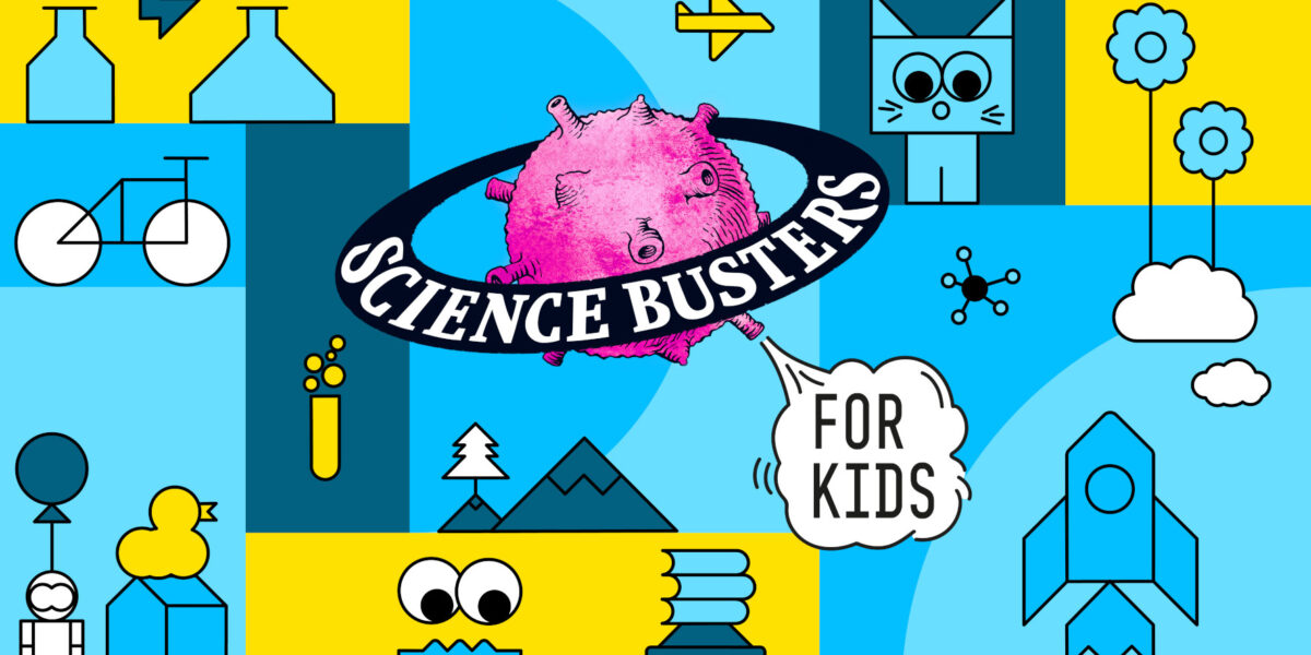Bunte Grafik mit naturwissenschaftlichen Symbolen, einer rosa Mikrobenillustration und dem Text "Science Busters For Kids" in der Mitte.