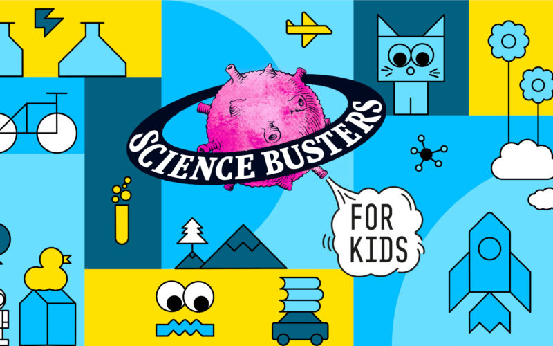 Bunte Grafik mit naturwissenschaftlichen Symbolen, einer rosa Mikrobenillustration und dem Text "Science Busters For Kids" in der Mitte.