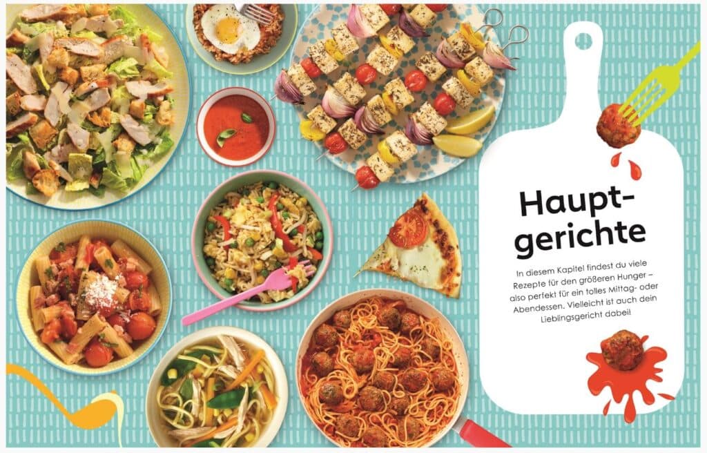 Eine Vielzahl von farbenfrohen Hauptgerichten wie Salat, Nudeln, Curry, Pizza, gegrillte Spieße und eine Schüssel Suppe sind auf einem gemusterten Tisch mit einem Textfeld mit der Aufschrift "Hauptgerichte" angeordnet.