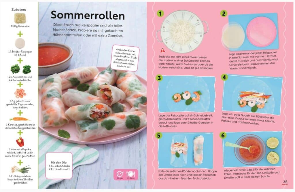 Schritt-für-Schritt-Anleitung für die Zubereitung von Sommerrollen mit Reispapier, Garnelen, Gemüse und Kräutern, begleitet von einem Teller mit fertigen Rollen und einer Schale mit Dip-Sauce.