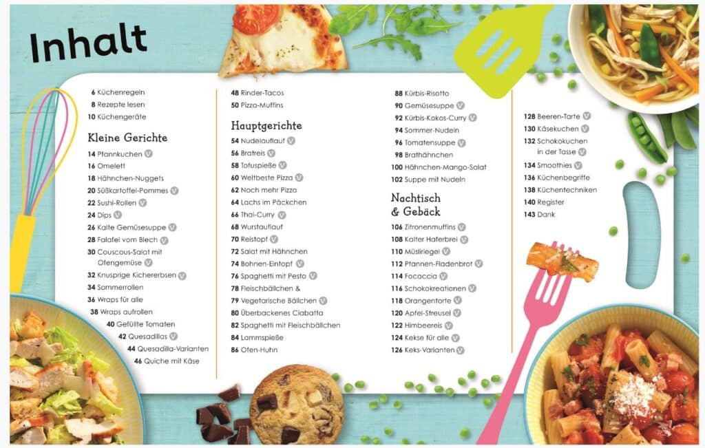 Inhaltsverzeichnis für ein Kochbuch mit Abschnitten für kleine Gerichte, Hauptgerichte und Desserts, mit bunten Utensilien und Bildern von Lebensmitteln, die die Seite schmücken.