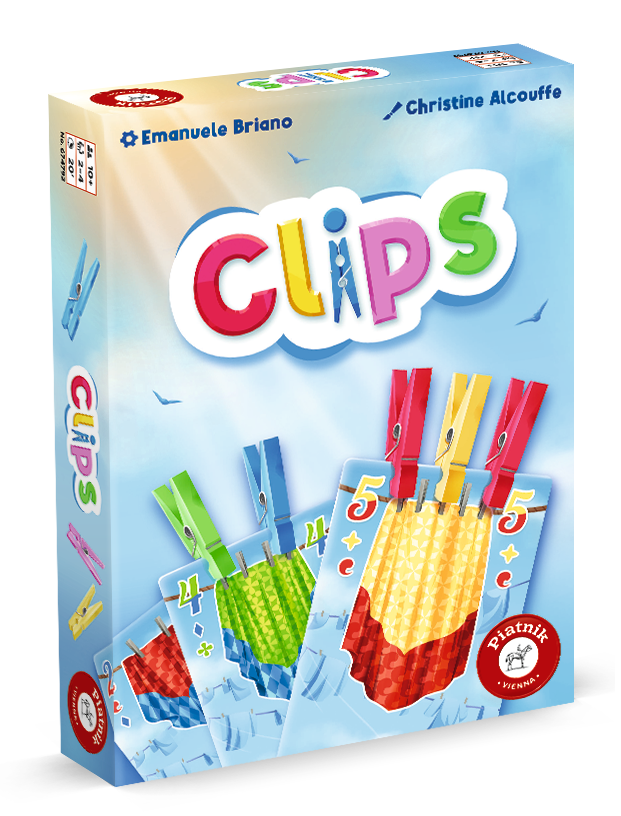 Schachtel des Brettspiels "Clips" mit bunten Wäscheklammern und Karten mit Zahlen, entworfen von Emanuele Briano und Christine Alcouffe, erschienen bei Piatnik.