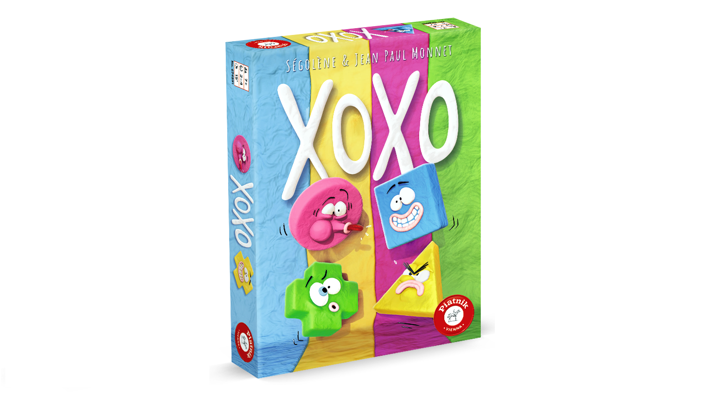 Bunte Schachtel des Brettspiels "XOXO" mit verspielten Cartoon-Formen und den Namen Sébastien und Jean Paul Mouret, empfohlen ab 6 Jahren.