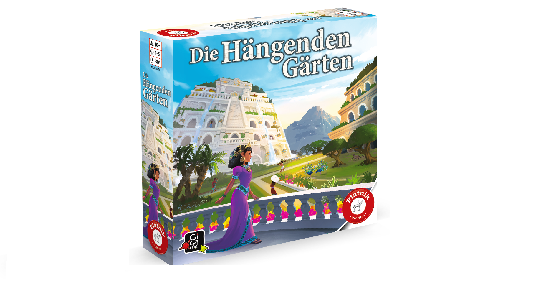 Eine farbenfrohe Spielschachtel mit dem Titel "Die Hängenden Gärten" zeigt eine Frau in einem lila Kleid, die in einem üppigen, terrassenförmig angelegten Garten steht, mit weißen Gebäuden und Bergen im Hintergrund.