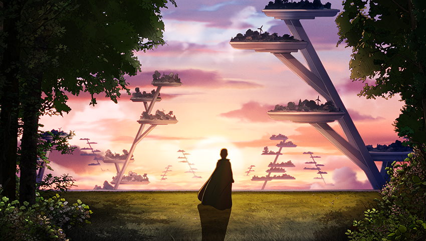 Eine Person in einem Umhang steht bei Sonnenuntergang auf einem Feld und blickt auf mehrere große, erhöhte Plattformen, auf denen Pflanzen und Bäume wachsen.